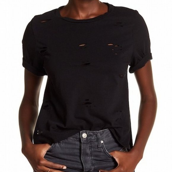NYTT Distressed Hi-Low Slit T-Shirt Black Small - Picture 1 of 15
